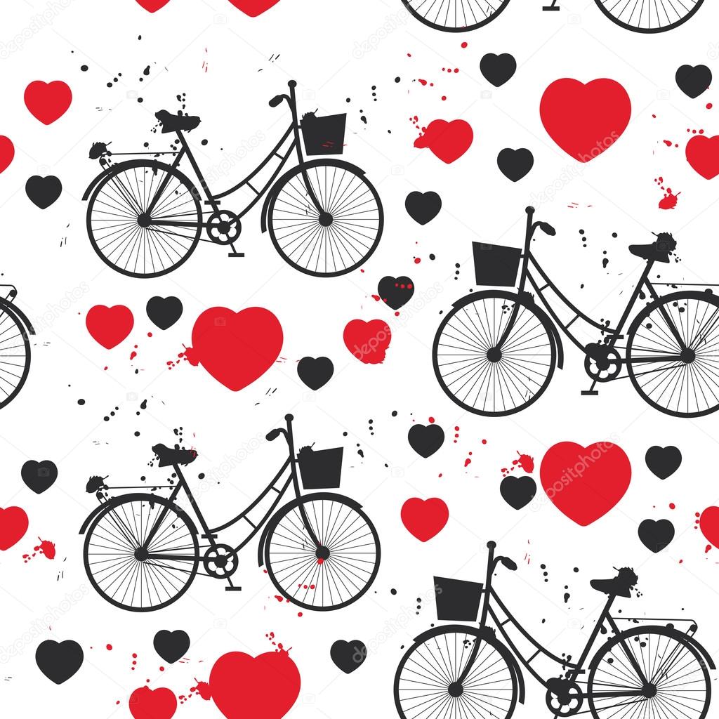 seamless pattern black bike and red heart on white background. Vector