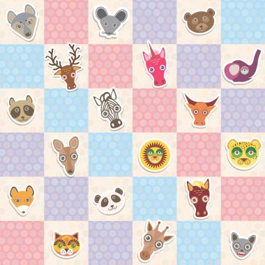 Set of funny animals muzzle seamless pattern with pink lilac blue square. Vector