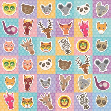 Set of funny animals muzzle seamless pattern with pink lilac blue orange square. Vector