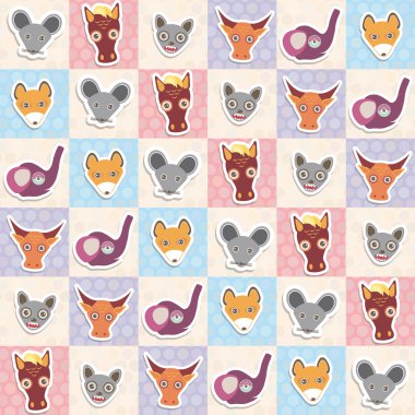 Set of funny animals muzzle horse bat cow elephant fox rat seamless pattern with pink lilac blue square. Vector