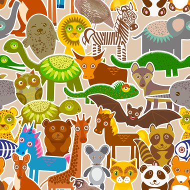 collection Funny cartoon Animals seamless pattern on beige background. Vector