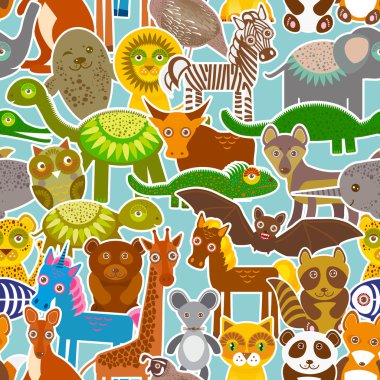 collection Funny cartoon Animals seamless pattern on blue background. Vector