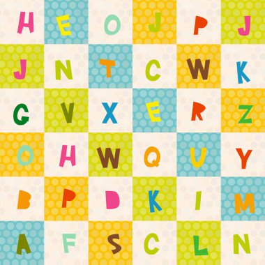 alphabet  from A to Z seamless pattern. Polka dot background with green blue orange square. Vector
