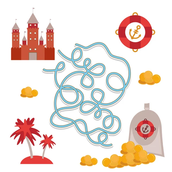 Pirate treasure, cute sea objects collection labyrinth game for Preschool Children. Vector — ストックベクタ