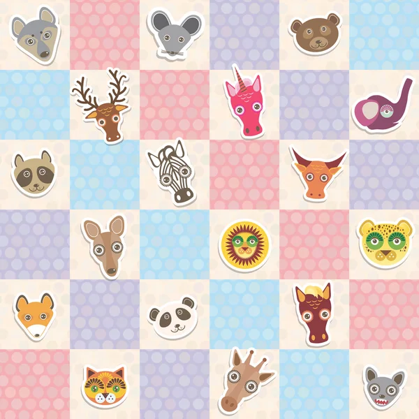 Set of funny animals muzzle seamless pattern with pink lilac blue square. Vector — Stockvector