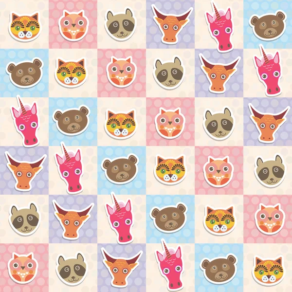 Satz von lustigen Tieren Maulkorb Eule Waschbär Einhorn Kuh tragen Katze nahtlose Muster mit rosa lila blauen Quadrat. Vektor — Stockvektor