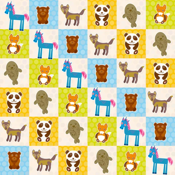 Set of funny animals panda bear wolf fox fur seal unicorn seamless pattern. Polka dot background with green blue orange square. Vector — Stock vektor