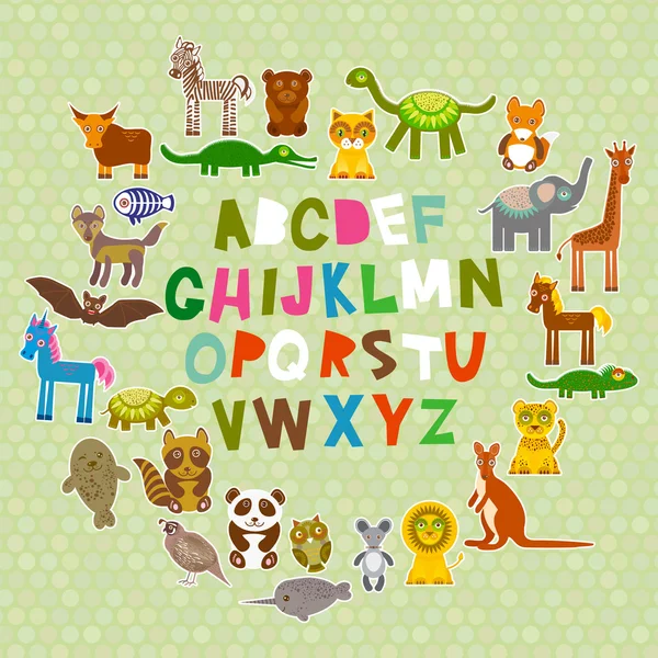 Alphabet pour les enfants de A à Z. Ensemble de personnages drôles d'animaux de dessin animé. zoo sur fond de pois verts. Vecteur — Image vectorielle