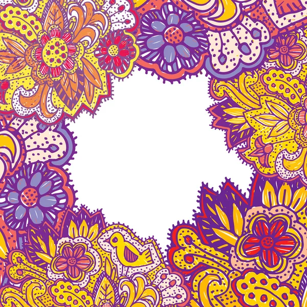 Doodle com flores e pássaros. armação quadrada para o ornamento brilhante rosa amarelo roxo do texto. Vetor — Vetor de Stock