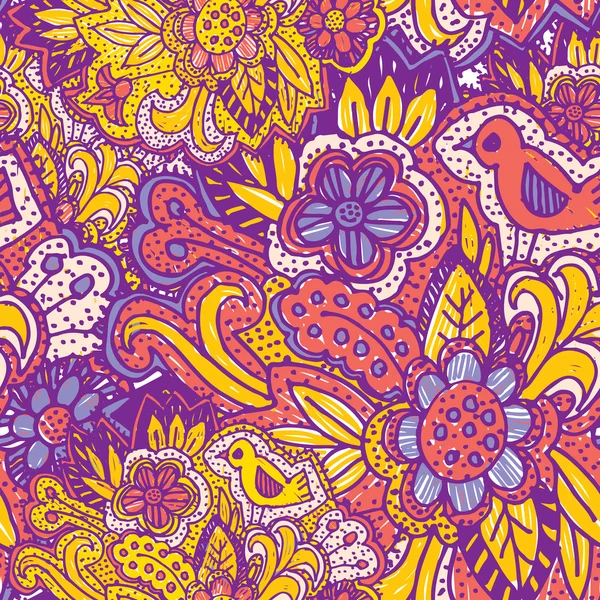 Doodle seamless pattern with flowers and birds. purple yellow pink bright ornament. Vector