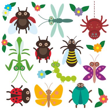 Funny insects set Spider butterfly caterpillar dragonfly mantis beetle wasp ladybugs on white background with flowers and leaves. Vector
