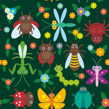 Funny insects Spider butterfly caterpillar dragonfly mantis beetle wasp ladybugs seamless pattern on green background with flowers and leaves. Vector