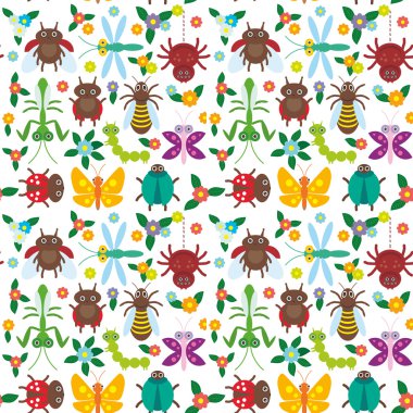 Funny insects Spider butterfly caterpillar dragonfly mantis beetle wasp ladybugs seamless pattern on white background with flowers and leaves. Vector