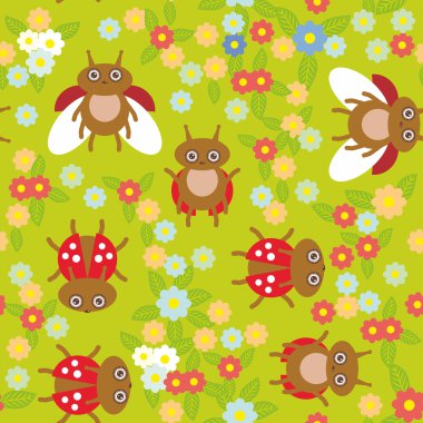 Funny insects ladybugs seamless pattern on green background with flowers and leaves. Vector