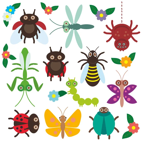 Funny insects set Spider butterfly caterpillar dragonfly mantis beetle wasp ladybugs on white background with flowers and leaves. Vector — Wektor stockowy