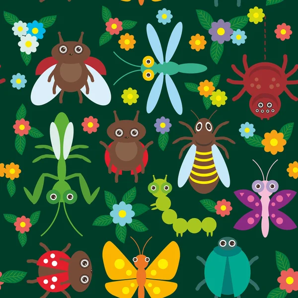 Funny insects Spider butterfly caterpillar dragonfly mantis beetle wasp ladybugs seamless pattern on green background with flowers and leaves. Vector