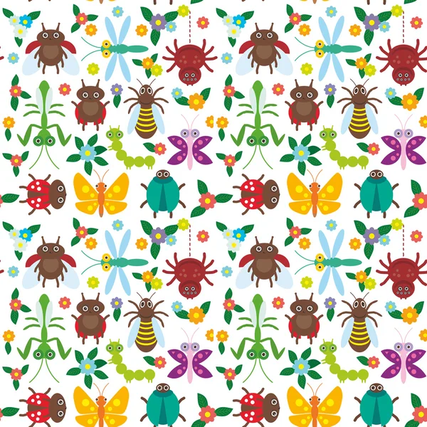 Funny insects Spider butterfly caterpillar dragonfly mantis beetle wasp ladybugs seamless pattern on white background with flowers and leaves. Vector