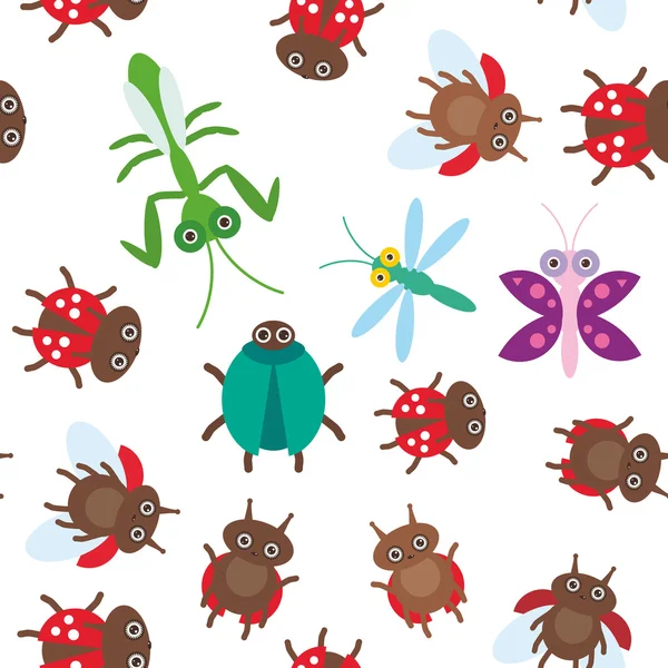 Funny insects butterfly dragonfly mantis beetle ladybugs seamless pattern on white background. Vector