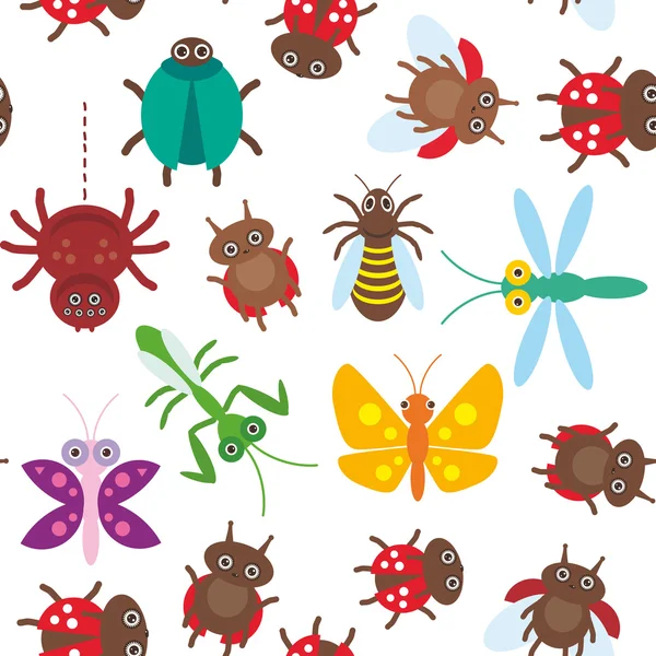 Funny insects Spider butterfly dragonfly mantis beetle wasp ladybugs seamless pattern on white background. Vector — Stock vektor