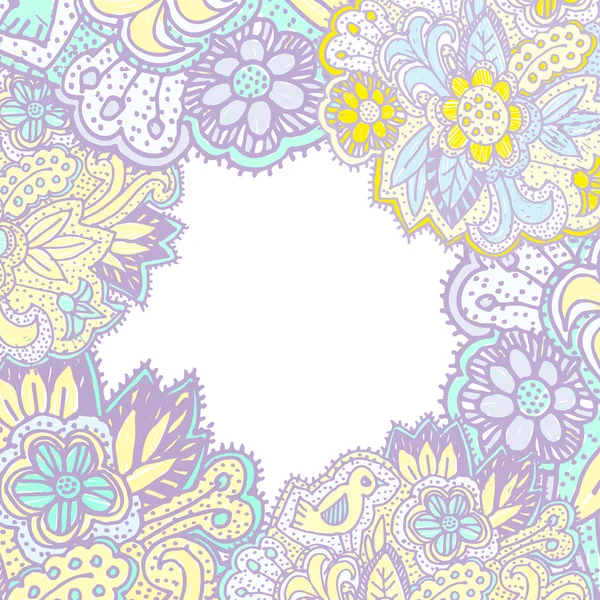 Doodle com flores e pássaros. armação quadrada para o ornamento brilhante rosa amarelo roxo do texto. Vetor —  Vetores de Stock