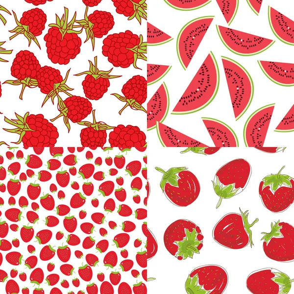 Ripe red raspberry strawberry watermelon. Set of seamless pattern on a white background. Vector