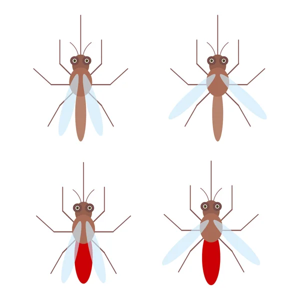 Conjunto de mosquitos con sangre, aislado sobre fondo blanco, de estilo plano. Vector — Archivo Imágenes Vectoriales