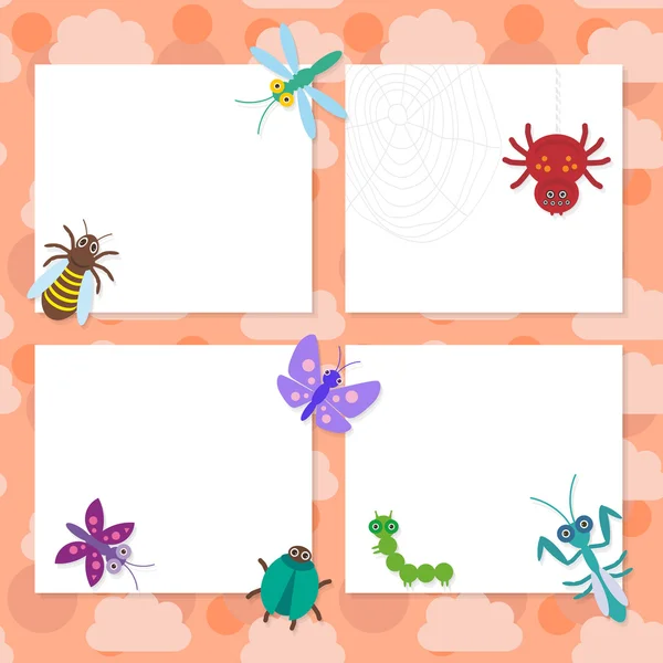 Funny insects set Spider butterfly caterpillar dragonfly mantis beetle wasp ladybugs card design on pink background. Vector — Stock vektor