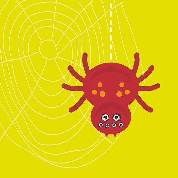 Big scary brown spider hanging on its web on green background. Vector — Stock vektor