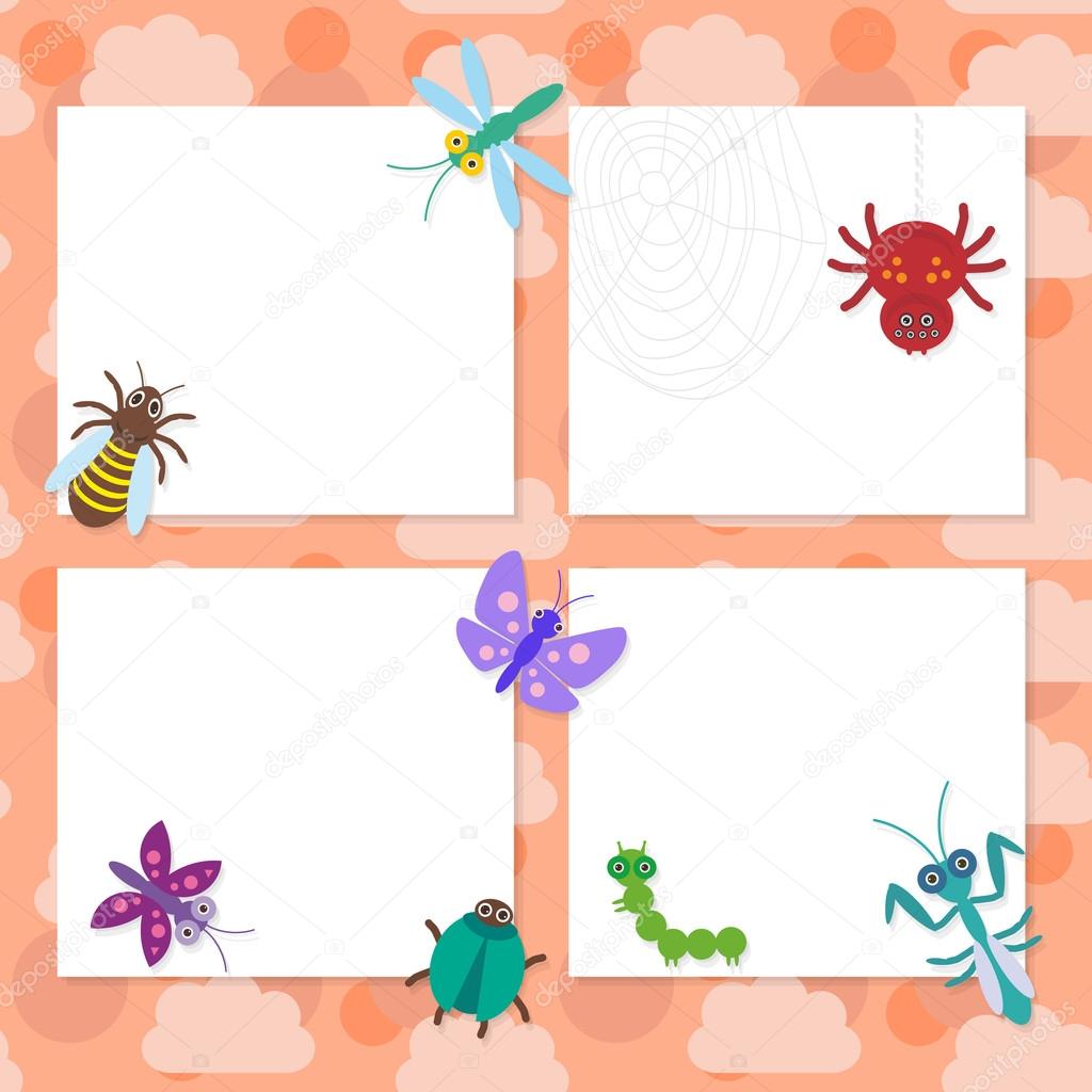 Funny insects set Spider butterfly caterpillar dragonfly mantis beetle wasp ladybugs card design on pink background. Vector