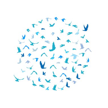 Doves and pigeons set in a circle for peace concept and wedding design. Flying blue birds sketch set. Vector