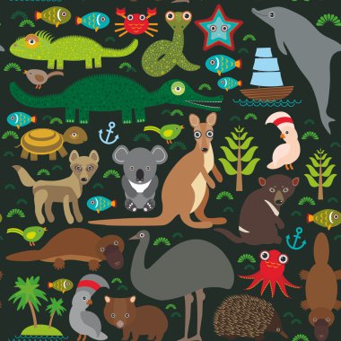 Animals Australia: Echidna Platypus ostrich Emu Tasmanian devil Cockatoo parrot Wombat snake turtle crocodile kangaroo dingo octopus fish.  Seamless pattern on dark background.  Vector