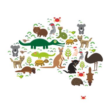 map of Australia. Echidna Platypus ostrich Emu Tasmanian devil Cockatoo parrot Wombat snake turtle crocodile kangaroo dingo octopus fish. Vector