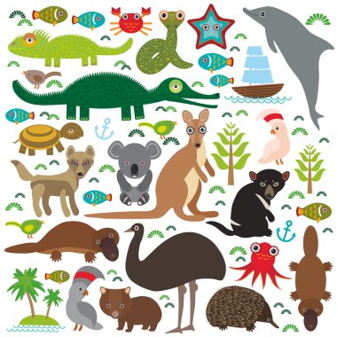 Animals Australia: Echidna Platypus ostrich Emu Tasmanian devil Cockatoo parrot Wombat snake turtle crocodile kangaroo dingo octopus fish. Set on white background.  Vector