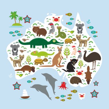map of Australia. Echidna Platypus ostrich Emu Tasmanian devil Cockatoo parrot Wombat snake turtle crocodile kangaroo dingo octopus fish. Vector