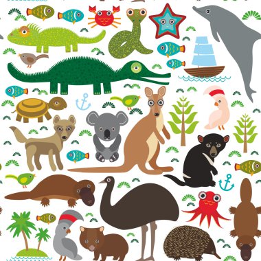 Animals Australia: Echidna Platypus ostrich Emu Tasmanian devil Cockatoo parrot Wombat snake turtle crocodile kangaroo dingo octopus fish.  Seamless pattern on white background.  Vector