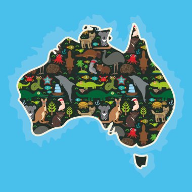 map of Australia. Echidna Platypus ostrich Emu Tasmanian devil Cockatoo parrot Wombat snake turtle crocodile kangaroo dingo octopus fish. Vector