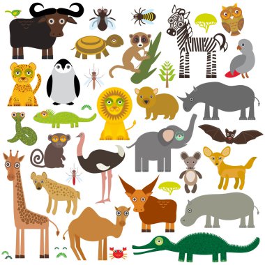 Animal Africa: parrot Hyena Rhinoceros Zebra Hippopotamus Crocodile Turtle Elephant Mamba snake camel mosquito tsetse ostrich lemur Chameleon Monkey Fennec fox Leo Leopard Giraffe buffalo Penguin. Vec