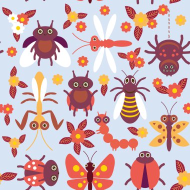 Funny insects Spider butterfly caterpillar dragonfly mantis beetle wasp ladybugs seamless pattern on blue background with flowers and leaves. Vector