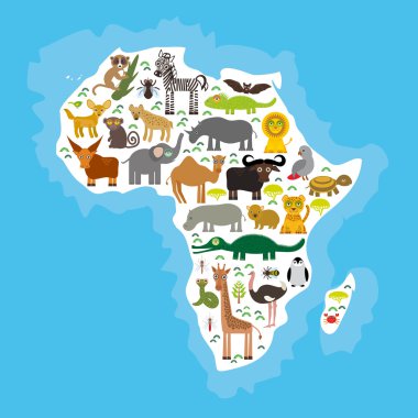 Animal Africa: parrot Hyena Rhinoceros Zebra Hippopotamus Crocodile Turtle Elephant Mamba snake camel mosquito tsetse ostrich lemur Chameleon Monkey Fennec fox Leo Leopard Giraffe buffalo Penguin. Vec