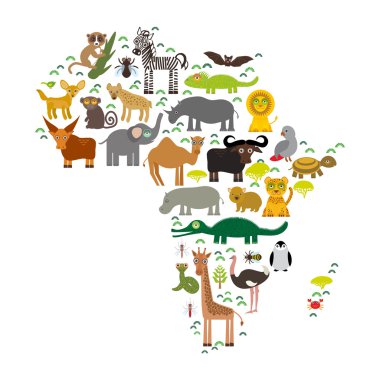 Animal Africa: parrot Hyena Rhinoceros Zebra Hippopotamus Crocodile Turtle Elephant Mamba snake camel mosquito tsetse ostrich lemur Chameleon Monkey Fennec fox Leo Leopard Giraffe buffalo Penguin. Vec