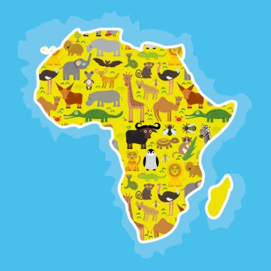Animal Africa: parrot Hyena Rhinoceros Zebra Hippopotamus Crocodile Turtle Elephant Mamba snake camel mosquito tsetse ostrich lemur Chameleon Monkey Fennec fox Leo Leopard Giraffe buffalo Penguin. Vec