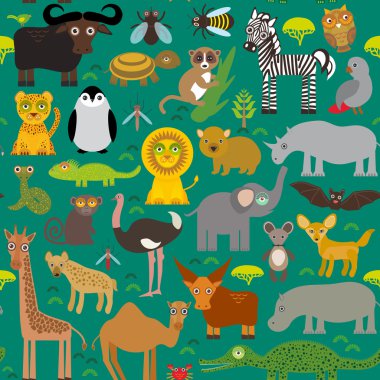 Seamless pattern Animal Africa parrot Hyena Rhinoceros Zebra Hippopotamus Crocodile Turtle Elephant snake camel tsetse ostrich lemur Chameleon Monkey Fennec fox Leo Leopard Giraffe buffalo Penguin. Ve