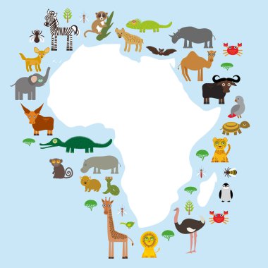 Animal Africa: parrot Hyena Rhinoceros Zebra Hippopotamus Crocodile Turtle Elephant Mamba snake camel mosquito tsetse ostrich lemur Chameleon Monkey Fennec fox Leo Leopard Giraffe buffalo Penguin. Vec