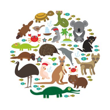 Animals Australia. Echidna Platypus ostrich Emu Tasmanian devil Cockatoo parrot Wombat snake turtle crocodile kangaroo dingo octopus fish. Vector