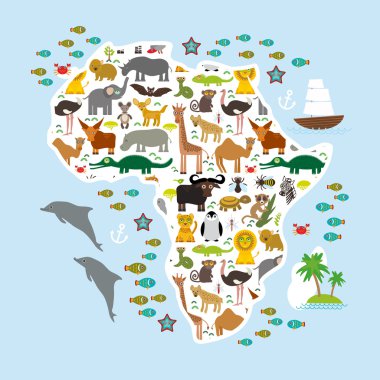 Animal Africa: parrot Hyena Rhinoceros Zebra Hippopotamus Crocodile Turtle Elephant Mamba snake camel mosquito tsetse ostrich lemur Chameleon Monkey Fennec fox Leo Leopard Giraffe buffalo Penguin. Vec