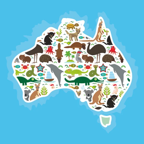 map of Australia. Echidna Platypus ostrich Emu Tasmanian devil Cockatoo parrot Wombat snake turtle crocodile kangaroo dingo octopus fish. Vector