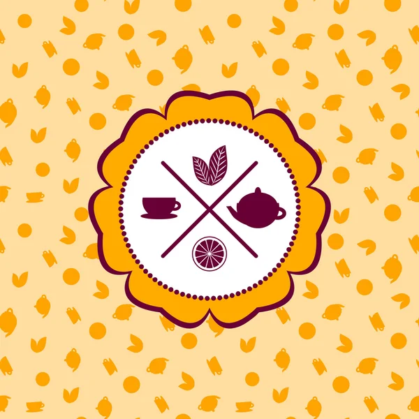 Tea icons set with lemon seamless pattern on orange background. Vector — Stok Vektör