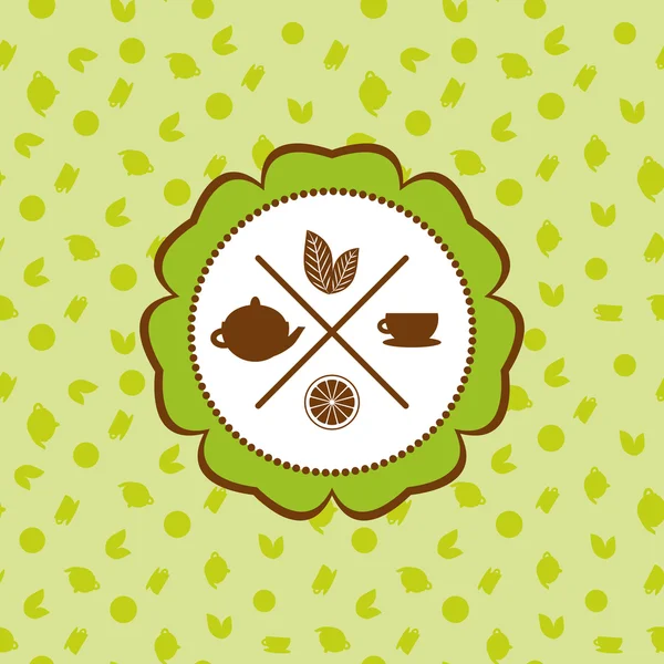 Tea icons set with lemon seamless pattern on green background. Vector — Stockvector