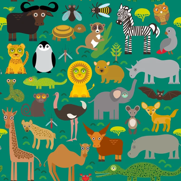 Seamless pattern Animal Africa parrot Hyena Rhinoceros Zebra Hippopotamus Crocodile Turtle Elephant snake camel tsetse ostrich lemur Chameleon Monkey Fennec fox Leo Leopard Giraffe buffalo Penguin. Ve — 图库矢量图片