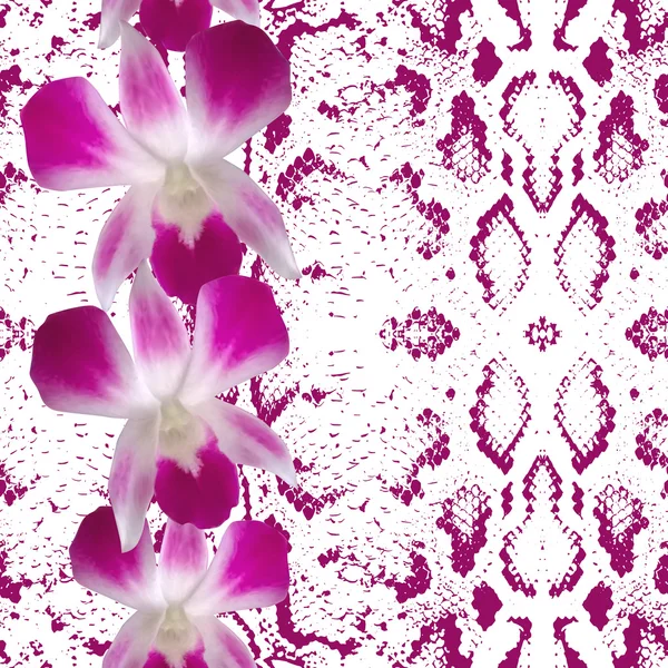 Snake skin texture pink flowers, orchid. Seamless pattern on white background. Vector — 스톡 벡터